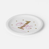 ピンク&金ゴールドガールズONE 1st誕生日パーティー ペーパープレート (アングル)