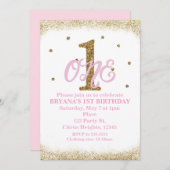 ピンク&金ゴールドガールズONE 1st誕生日パーティー 招待状 (正面/裏面)