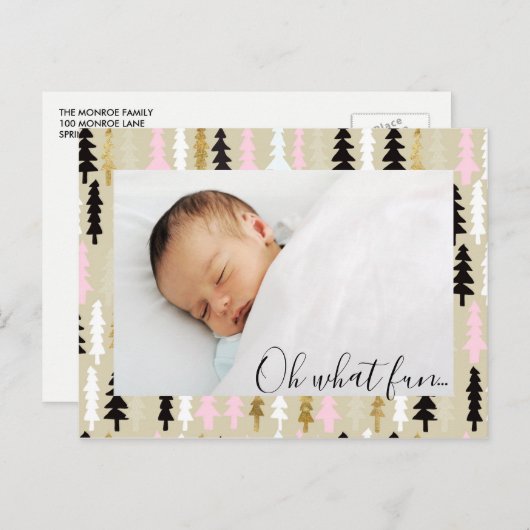 ピンク&金ゴールドクリスマスツリーパターン写真はがき シーズンポストカード (正面/裏面)