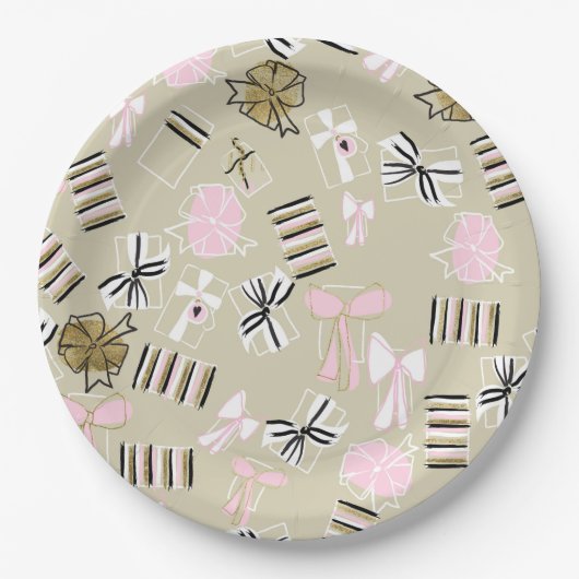 ピンク&金ゴールドクリスマスプレゼントパッテン紙プレート ペーパープレート (正面)