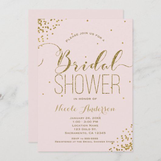 ピンク&金ゴールドグラムグリッターコーナーブライダルシャワー 招待状 (正面/裏面)