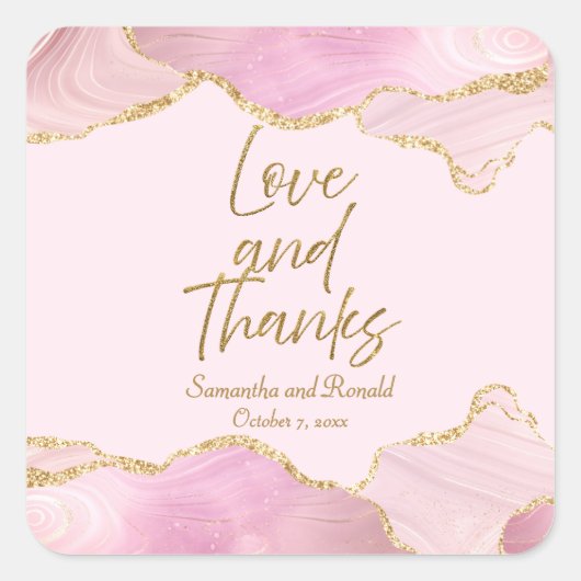 ピンク&金ゴールドグリッターアゲテ感謝していロ結婚ス スクエアシール (正面)