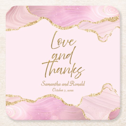 ピンク&金ゴールドグリッターアゲテ感謝していロ結婚ス スクエアペーパーコースター (正面)