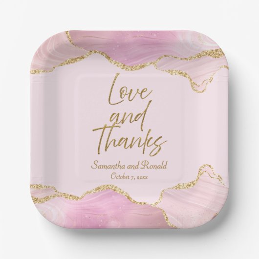 ピンク&金ゴールドグリッターアゲテ感謝していロ結婚ス ペーパープレート (正面)