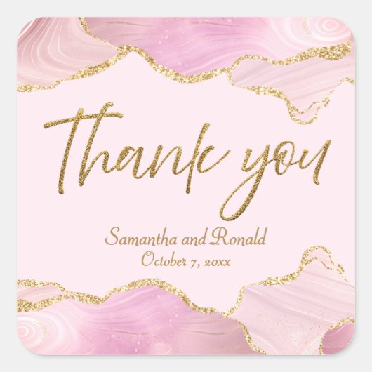 ピンク&金ゴールドグリッターアゲートサンキュー結婚ズ スクエアシール (正面)