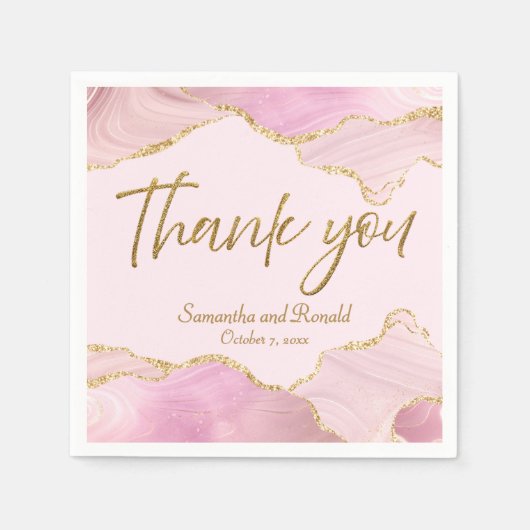 ピンク&金ゴールドグリッターアゲートサンキュー結婚ズ スタンダードカクテルナプキン (正面)