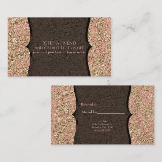 ピンク&金ゴールドグリッターグラマー黒は友人を参照 紹介カード (正面/裏面)
