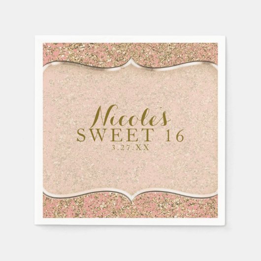 ピンク&金ゴールドグリッターグラムバースデーパーティカスタムー スタンダードカクテルナプキン (正面)