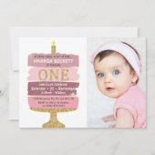 ピンク&金ゴールドグリッターケーキ写真第1誕生日 招待状 (正面)