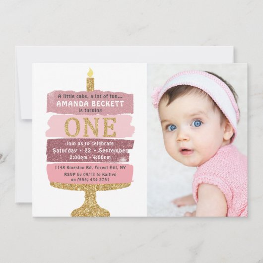 ピンク&金ゴールドグリッターケーキ写真第1誕生日 招待状 (正面)