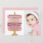 ピンク&金ゴールドグリッターケーキ写真第1誕生日 招待状 (正面/裏面)