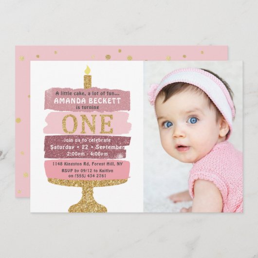 ピンク&金ゴールドグリッターケーキ写真第1誕生日 招待状 (正面/裏面)