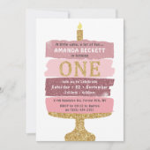 ピンク&金ゴールドグリッターケーキ1st誕生日招待状 招待状 (正面)