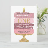 ピンク&金ゴールドグリッターケーキ1st誕生日招待状 招待状 (スタンド正面)