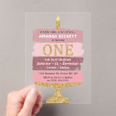 ピンク&金ゴールドグリッターケーキ1st誕生日 アクリル招待状 (インサイチュ (ポータブル))