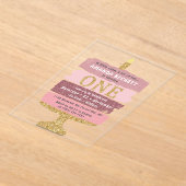 ピンク&金ゴールドグリッターケーキ1st誕生日 アクリル招待状 (レイダウン)