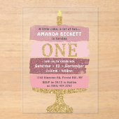 ピンク&金ゴールドグリッターケーキ1st誕生日 アクリル招待状 (正面)