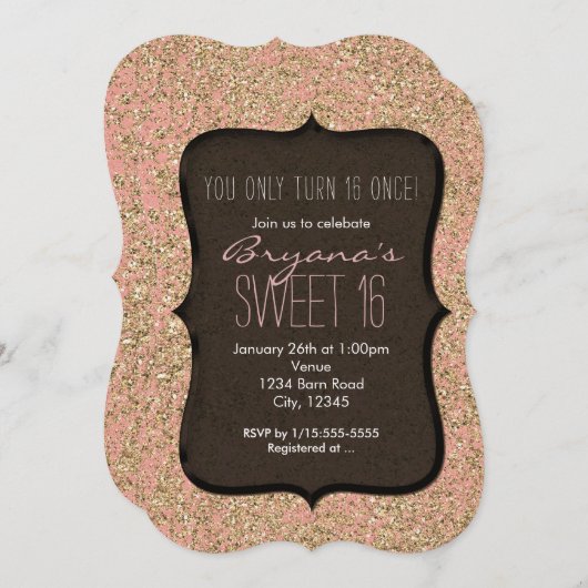 ピンク&金ゴールドグリッタースウィート16誕生日招待状 招待状 (正面/裏面)