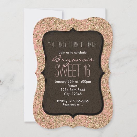 ピンク&金ゴールドグリッタースウィート16誕生日招待状 招待状 (正面)