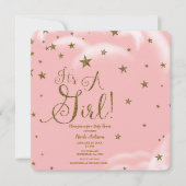 ピンク&金ゴールドグリッタースターズ女の子ベビーシャワー 招待状 (正面)