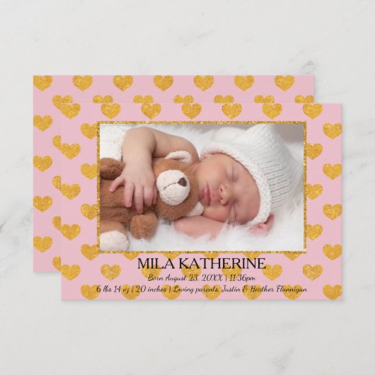 ピンク/金ゴールドグリッターハート- 3x5出生の発表 案内状 (正面/裏面)