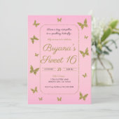 ピンク&金ゴールドグリッターバタフライスウィート16パーティー 招待状 (スタンド正面)