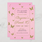 ピンク&金ゴールドグリッターバタフライスウィート16パーティー 招待状 (正面/裏面)