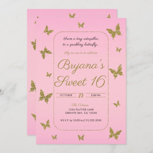 ピンク&金ゴールドグリッターバタフライスウィート16パーティー 招待状 (正面/裏面)