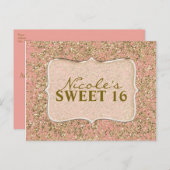 ピンク&金ゴールドグリッターパーティーカスタム招待状 インビテーションポストカード (正面/裏面)