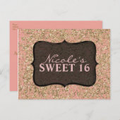 ピンク&金ゴールドグリッターパーティーブラックグラム招待状 インビテーションポストカード (正面/裏面)