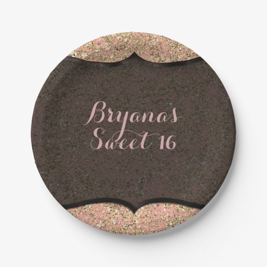 ピンク&金ゴールドグリッターブラックグラムバースデーパーティー ペーパープレート (正面)