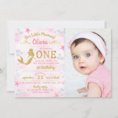 ピンク&金ゴールドグリッターマーメイド写真1st Birthday 招待状 (正面)