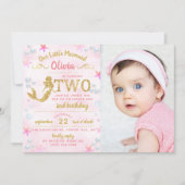 ピンク&金ゴールドグリッターマーメイド写真2nd誕生日 招待状 (正面)