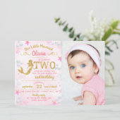 ピンク&金ゴールドグリッターマーメイド写真2nd誕生日 招待状 (スタンド正面)