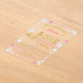 ピンク&金ゴールドグリッターマーメイド1st誕生日 アクリル招待状 (レイダウン)