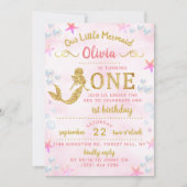 ピンク&金ゴールドグリッターマーメイド1st誕生日 招待状 (正面)