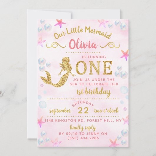 ピンク&金ゴールドグリッターマーメイド1st誕生日 招待状 (正面)