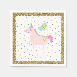 ピンク&金ゴールドグリッターユニコーンガールズバースデーパーティー スタンダードカクテルナプキン