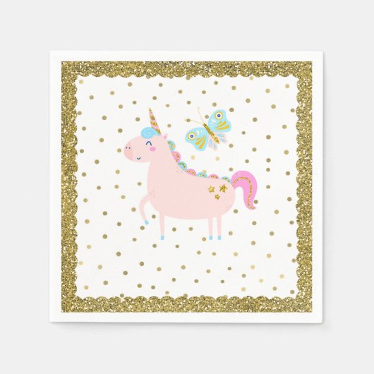 ピンク&金ゴールドグリッターユニコーンガールズバースデーパーティー スタンダードカクテルナプキン (正面)
