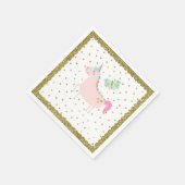 ピンク&金ゴールドグリッターユニコーンガールズバースデーパーティー スタンダードカクテルナプキン (角)