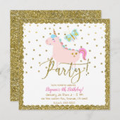 ピンク&金ゴールドグリッターユニコーンガールズバースデーパーティー 招待状 (正面/裏面)