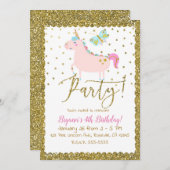 ピンク&金ゴールドグリッターユニコーンガールズバースデーパーティー 招待状 (正面/裏面)