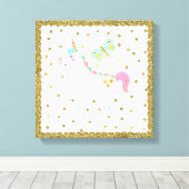 ピンク&金ゴールドグリッターユニコーンガールズベッドルーム子供部屋 キャンバスプリント (インサイチュ (ウッドフロア))