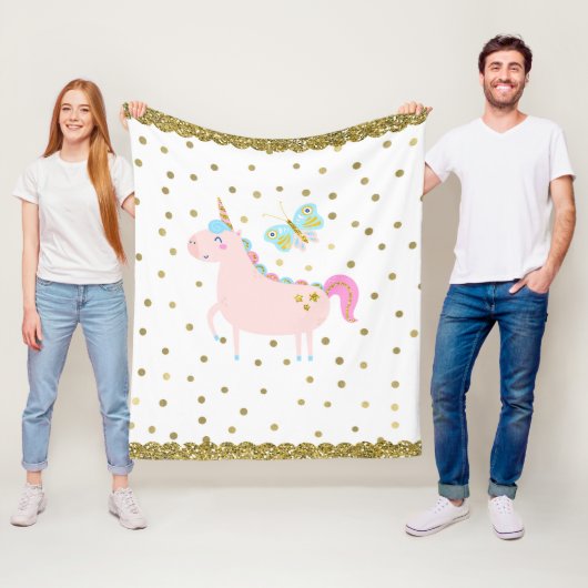 ピンク&金ゴールドグリッターユニコーンガールズベッドルーム子供部屋 フリースブランケット (インサイチュ)
