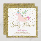 ピンク&金ゴールドグリッターユニコーンガールズベビーシャワー 招待状 (正面/裏面)
