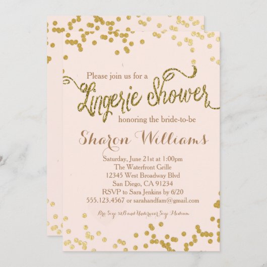 ピンク&金ゴールドグリッターランジェリーシャワー招待状 招待状 (正面/裏面)