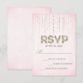 ピンク&金ゴールドグリッタールックウェディングRSVPカード 出欠カード (正面/裏面)