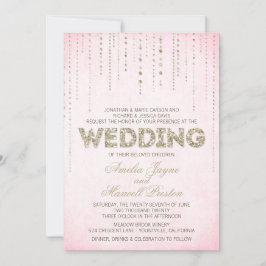 ピンク&金ゴールドグリッタールック結婚式招待状 招待状