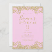 ピンク&金ゴールドグリッターレースエレガントスウィート16パーティー 招待状 (正面)