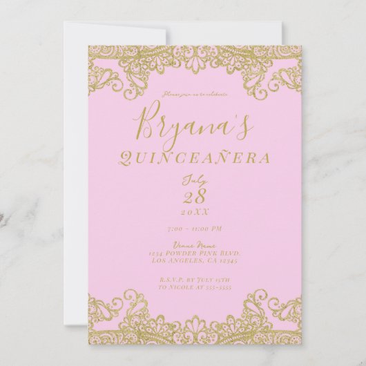 ピンク&金ゴールドグリッターレースキンセエレガントーニェラ 招待状 (正面)